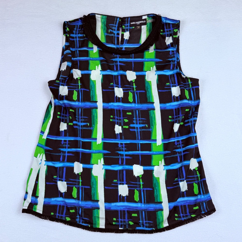Karl Lagerfeld Sleeveless Blouse Womens Large Black Blue Green Fringe Mod Artsy